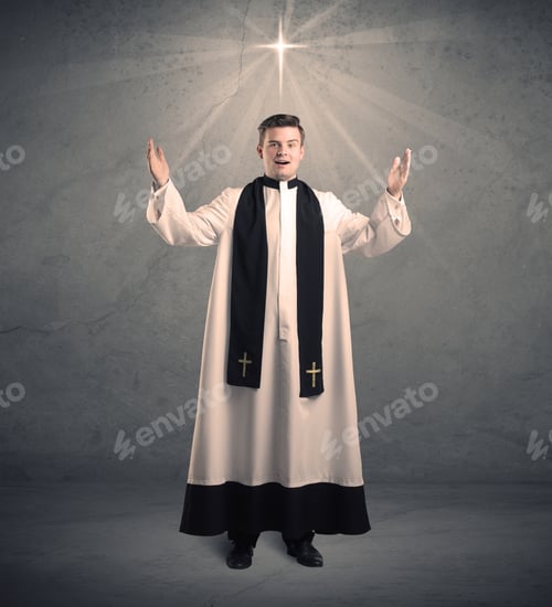 Preview: A Young Male Priest In Black And White Giving His Blessing In Front Of Grey Wall With Glowing Cross