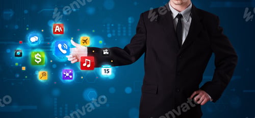 Preview: Young Businessman Pressing Various Collection Of Buttons