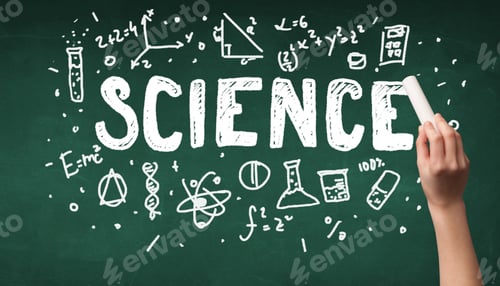 Preview: A Teacher Writing Science, Drawing Chemistry Elements On Clean Green Chalkboard By Hand