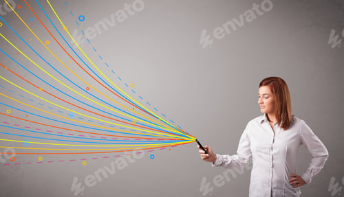 Preview: Happy Young Girl Holding A Phone With Colorful Abstract Lines