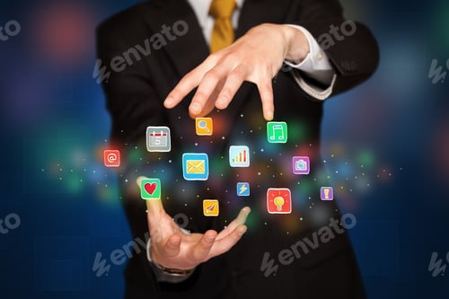Preview: Elegant Businessman Holding Colorful Mixed Media Icons