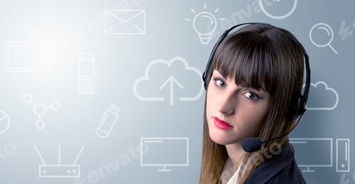 Preview: Young Female Telemarketer With White Mixed Media Icons Around Her