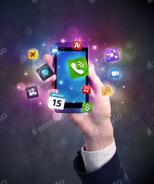Preview: Caucasian Hand In Business Suit Holding A Smartphone With Colorful Media Icons