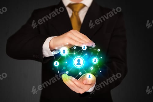 Preview: Businessman Holding Social Media Network Icons Structure