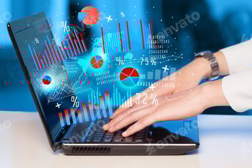 Preview: Hand Typing On Modern Laptop Notebook Computer With Future Graph Icons And Symbols