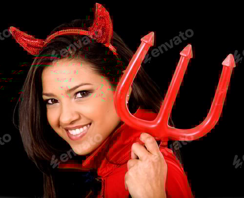 Preview: Beautiful Female Devil In Red Over A Dark Background