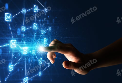 Preview: Female Finger Touching A Beam Of Light Surrounded By A Blue Graphic With Envelopes