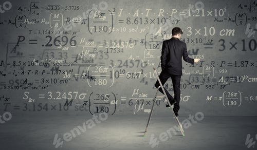 Preview: A Businessman In Elegant Suit Standing On A Small Ladder And Writing Numbers, Calculating On Grey