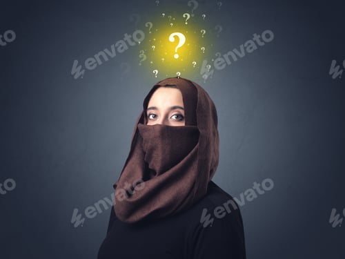 Preview: Young Muslim Woman Wearing Niqab With Yellow Question Marks Above Her Head