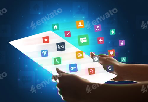 Preview: Young Female Hand Holding A Tablet With Colorful Mixed Media Icons