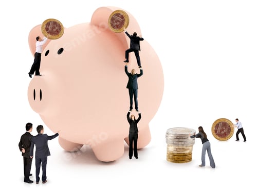 Preview: Business People Putting Savings On A Piggy Bank - Isolated