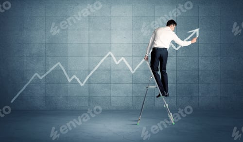 Preview: A Man Standing On A Ladder And Drawing A Chart On Blue Wall Background With Exponential Progressing