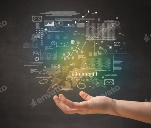 Preview: Demographic Related Charts, Diagrams And Graphs Hovering Over Young Hand