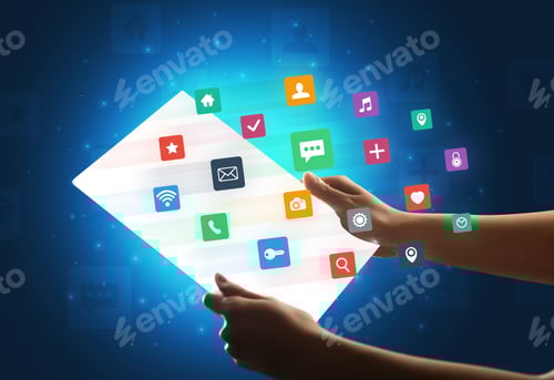 Preview: Young Female Hand Holding A Tablet With Colorful Mixed Media Icons