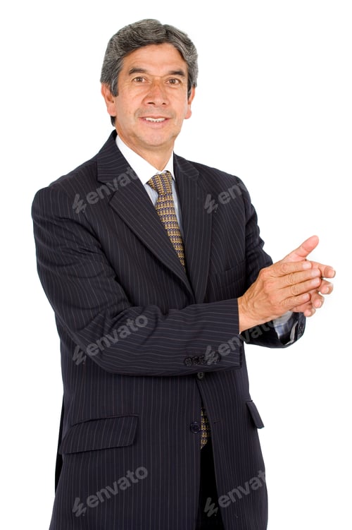 Preview: Business Man Applauding And Smiling Facing The Camera - Isolated Over A White Background