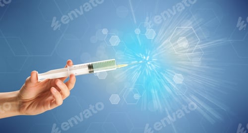 Preview: Female Doctor Hand Holding Syringe With Shiny Background