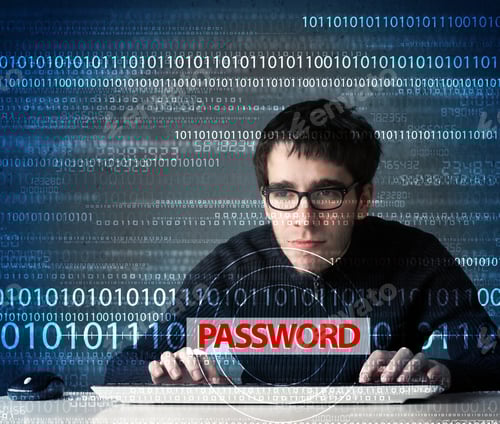 Preview: Young Geek Hacker Stealing Password On Futuristic Background