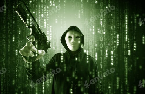 Preview: Masked And Armed Anonymous Hacker Breaking In Cyber Security Cloud Data Concept