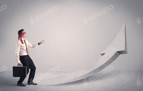 Preview: A Scared Blindfolded Businessman Forced To Face A Problem Concept With Illustrated Arrow Pointng To