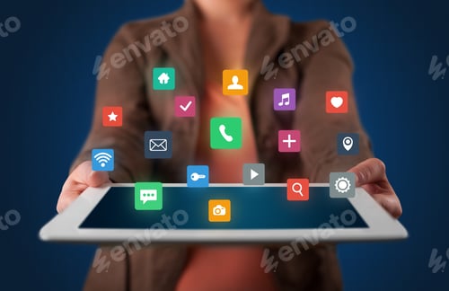 Preview: Casual Young Woman Holding Tablet With Colorful Applications