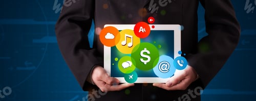 Preview: Young Businessman Presenting Colorful Modern Signs