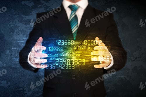 Preview: Businessman Holding A Shining Number Cloud In Front Of His Body