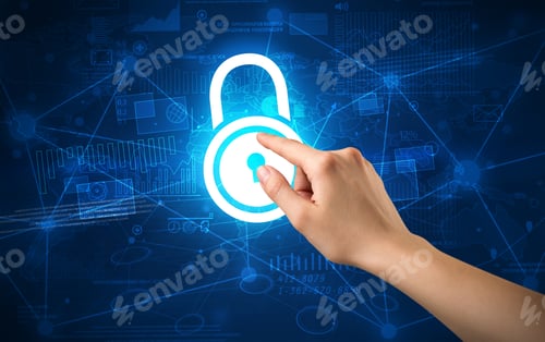 Preview: Female Hand Touching Blue Lock With Charts And Graphs In The Background