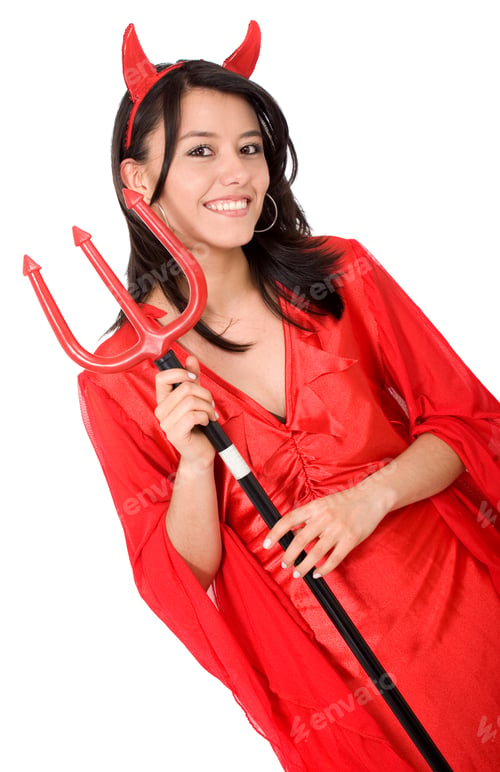 Preview: Female Red Devil Portrait Smiling Isolated Over A White Background