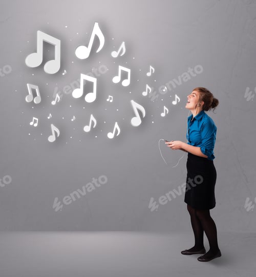 Preview: Pretty Young Woman Singing And Listening To Music With Musical Notes Getting Out Of Her Mouth
