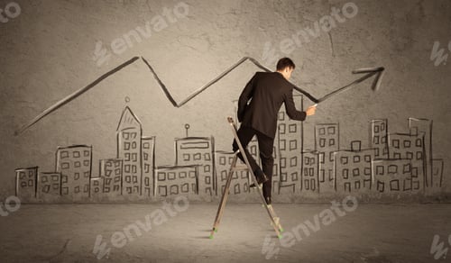 Preview: A Man In Elegant Suit Standing On A Small Ladder And Drawing A Line On Brown Wall Background With