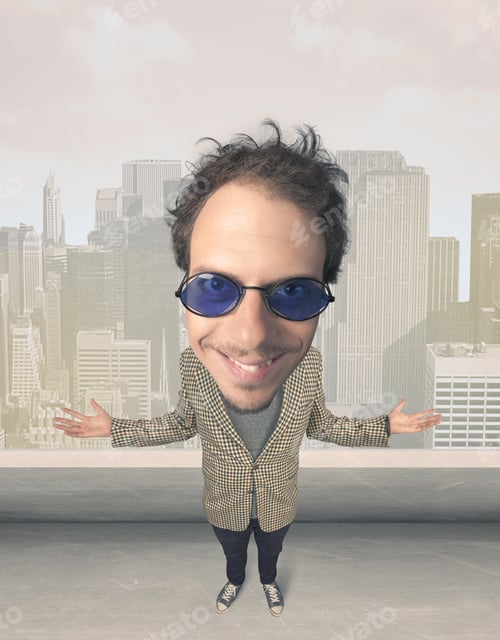 Preview: Funny Guy With Big Head, Cityscape Background