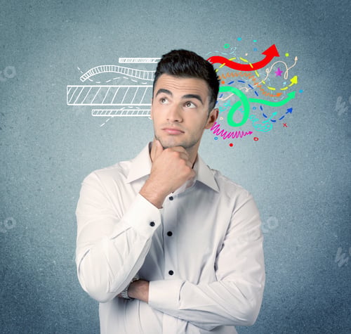 Preview: A Handsome Sales Person Standing In Front Of A Blue Urban Concrete Wall With Illustration