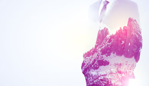 Preview: Young Businessman In Suit Standing With Sunny Snowy Mountain And Trees Graphic.