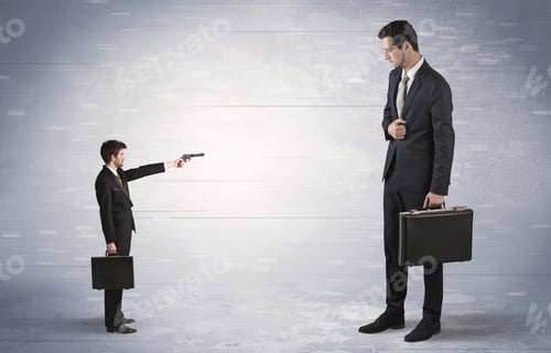 Preview: Tiny Businessman With Gun Shooting Giant Fearful Businessman