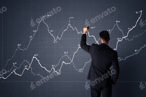 Preview: Young Businessman In Black Suit Standing In Front Of A Progress Chart