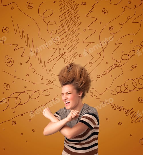 Preview: Excited Young Woman With Extreme Hairtsyle And Hand Drawn Lines Concept On Background