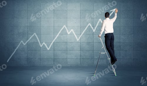 Preview: A Man Standing On A Ladder And Drawing A Chart On Blue Wall Background With Exponential Progressing