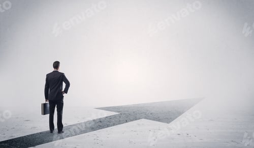 Preview: A Professional Businessman Thinking While Standing On A Black Arrow Pointing Forward In Grey Space