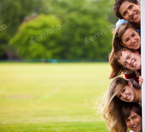 Preview: Group Of Friends Outdoors Piling Up Behind A Banner