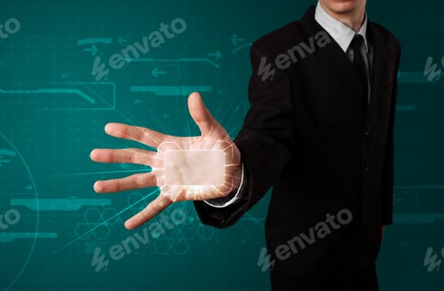 Preview: Young Businessman Pressing High Tech Type Of Modern Buttons