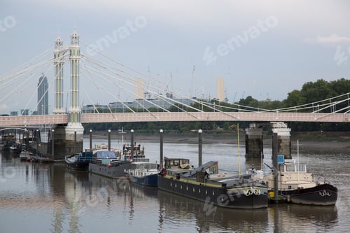 Preview: Albert Bridge With Barges; Chelsea; London; England; Uk