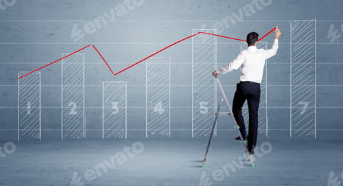 Preview: A Man In Elegant Suit Standing On A Small Ladder And Drawing A Chart On Blue Wall Background With