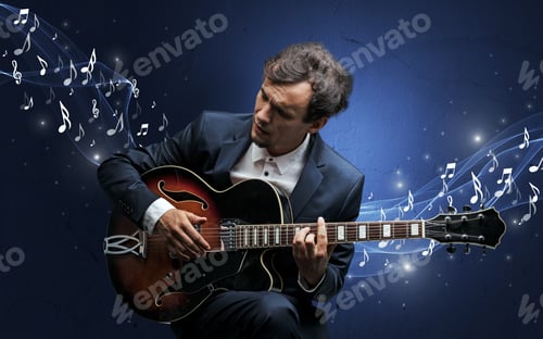 Preview: Lonely Musical Composer With Guitar And Sparkling Musical Notes Around