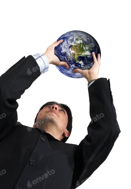 Preview: Business Man Holding A Globe Up Over A White Background