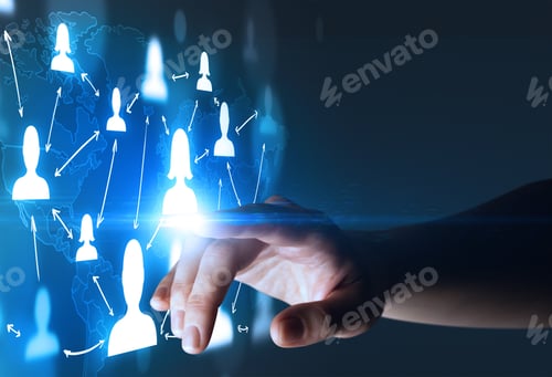 Preview: Female Finger Touching A Beam Of Light Surrounded By Portraits And A World Map Behind It