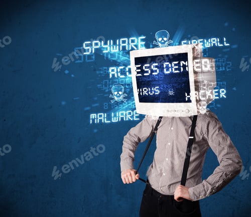 Preview: Monitor Head Person With Hacker Type Of Signs On The Blue Screen