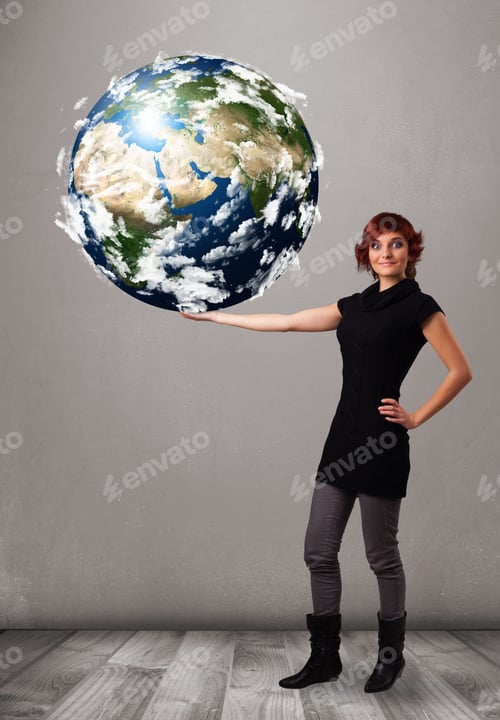 Preview: Pretty Young Girl Holding 3D Planet Earth, Elements Of This Image Furnished By Nasa