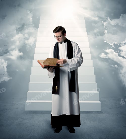 Preview: A Young Religious Happy Priest Standing In Front Of The Stairway To Heaven Concept With Clouds And