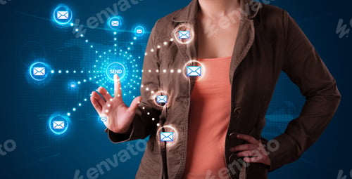 Preview: Young Woman Pressing Virtual Messaging Type Of Icons