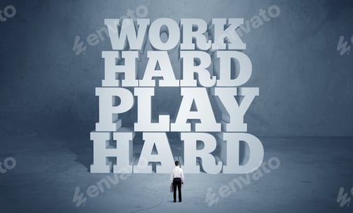 Preview: A Confident Salesman In Suit Standing In Front Of Illustrated Block Letters Saying Work Hard Play